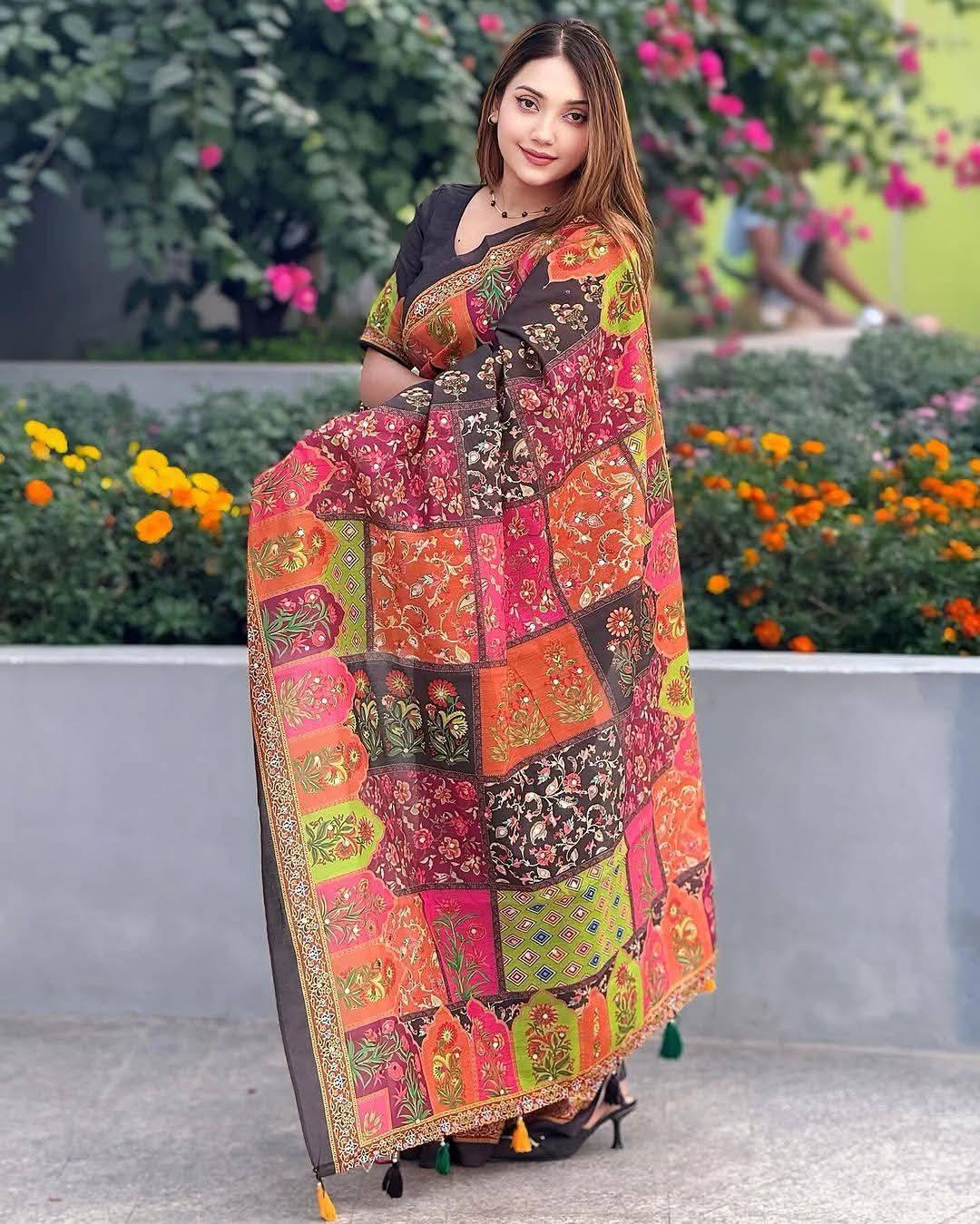 Miror Dollar Work | Semi Muslin Silk Saree