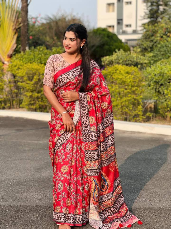 লাল মেরুন সেমি মসলিন সফট সিল্ক শাড়ি