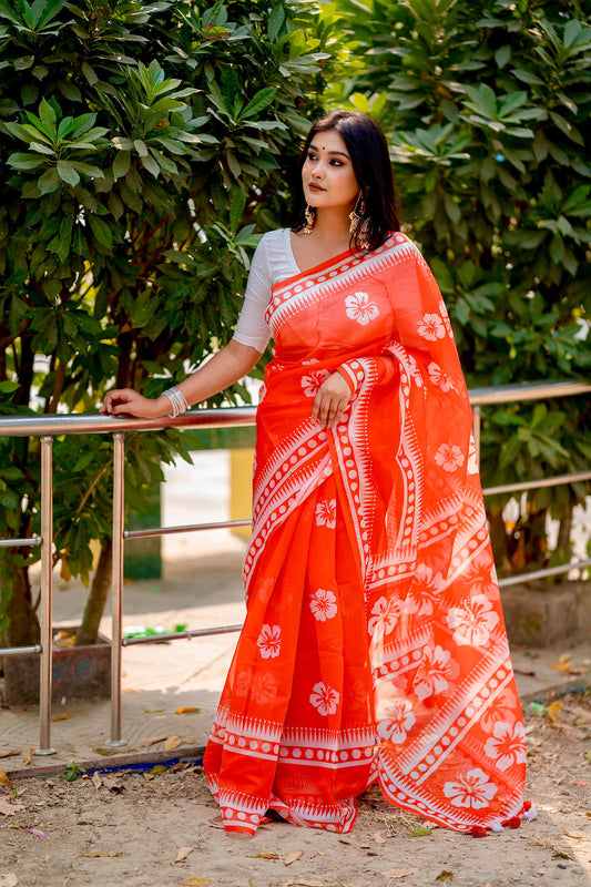Joba | Tangail Silk Saree Red Orange