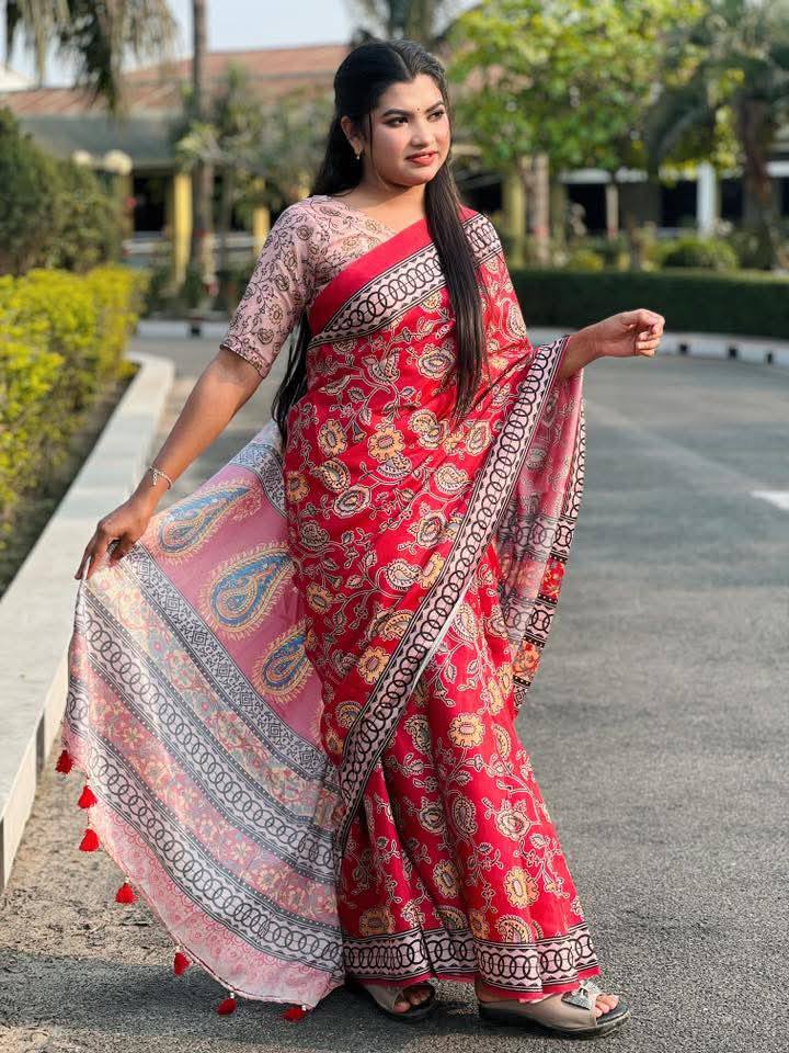 লাল মেরুন সেমি মসলিন সফট সিল্ক শাড়ি