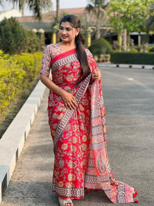 লাল মেরুন সেমি মসলিন সফট সিল্ক শাড়ি