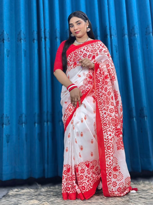 পূজার শাড়ি সফট সিল্ক ব্লাউজ পিস সহ !