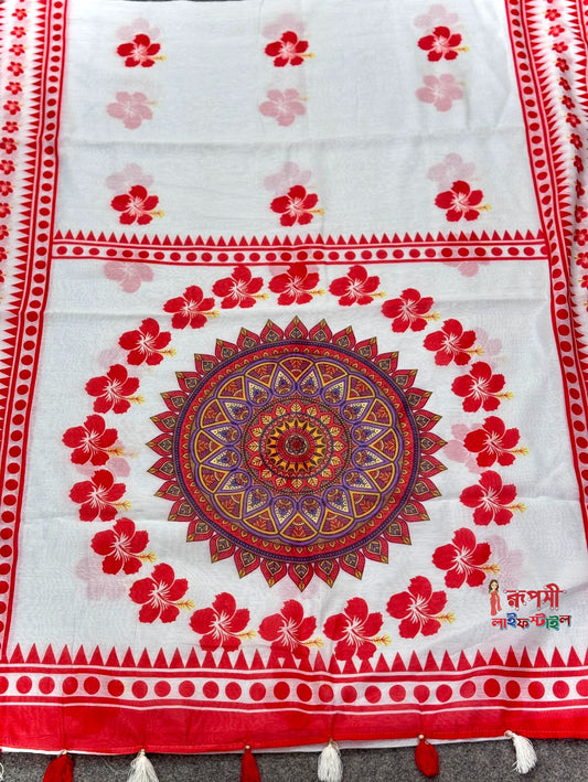 লাল জবা - আলপনা পূজার শাড়ি