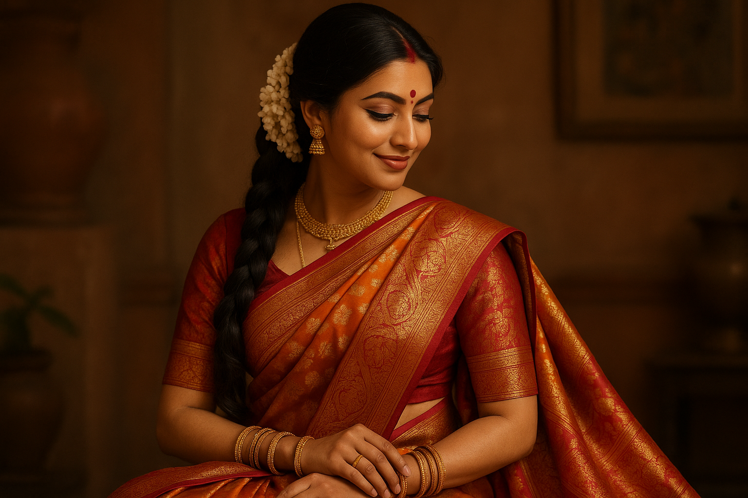 a beautyful bengali women for bengali tradition silk saree